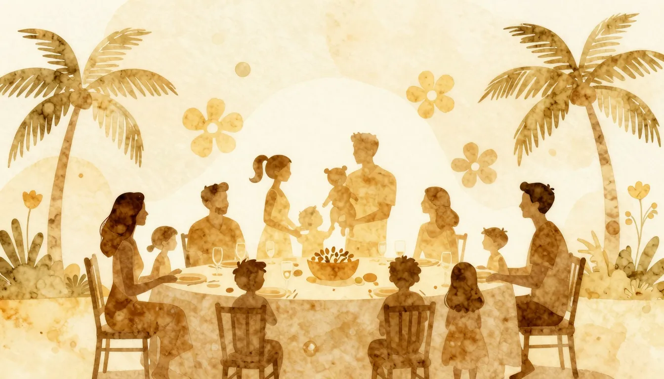 Watercolor style. Silhouettes of a large happy family and fr...