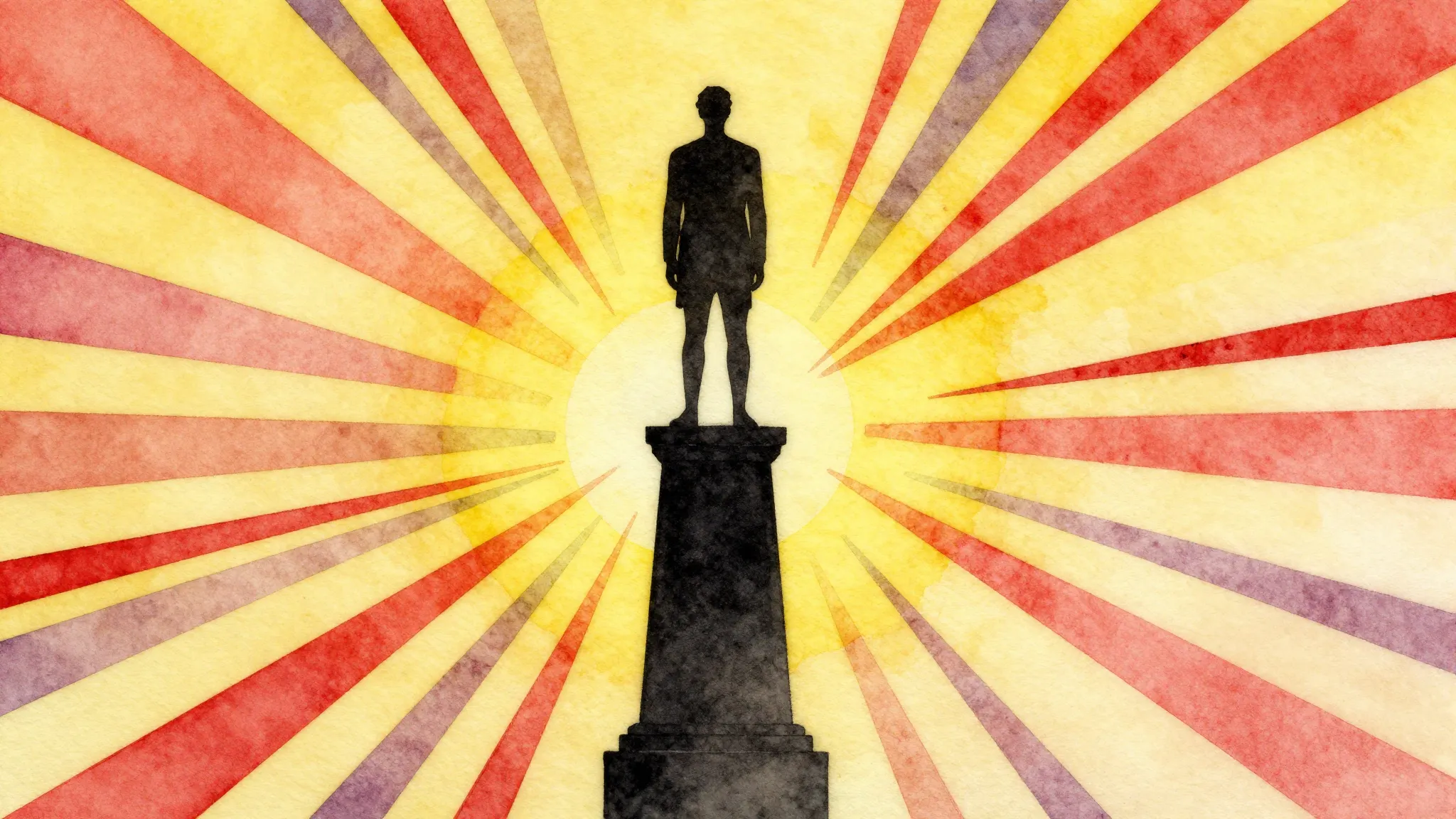 Watercolor style. A silhouette of a figure standing on a tal...