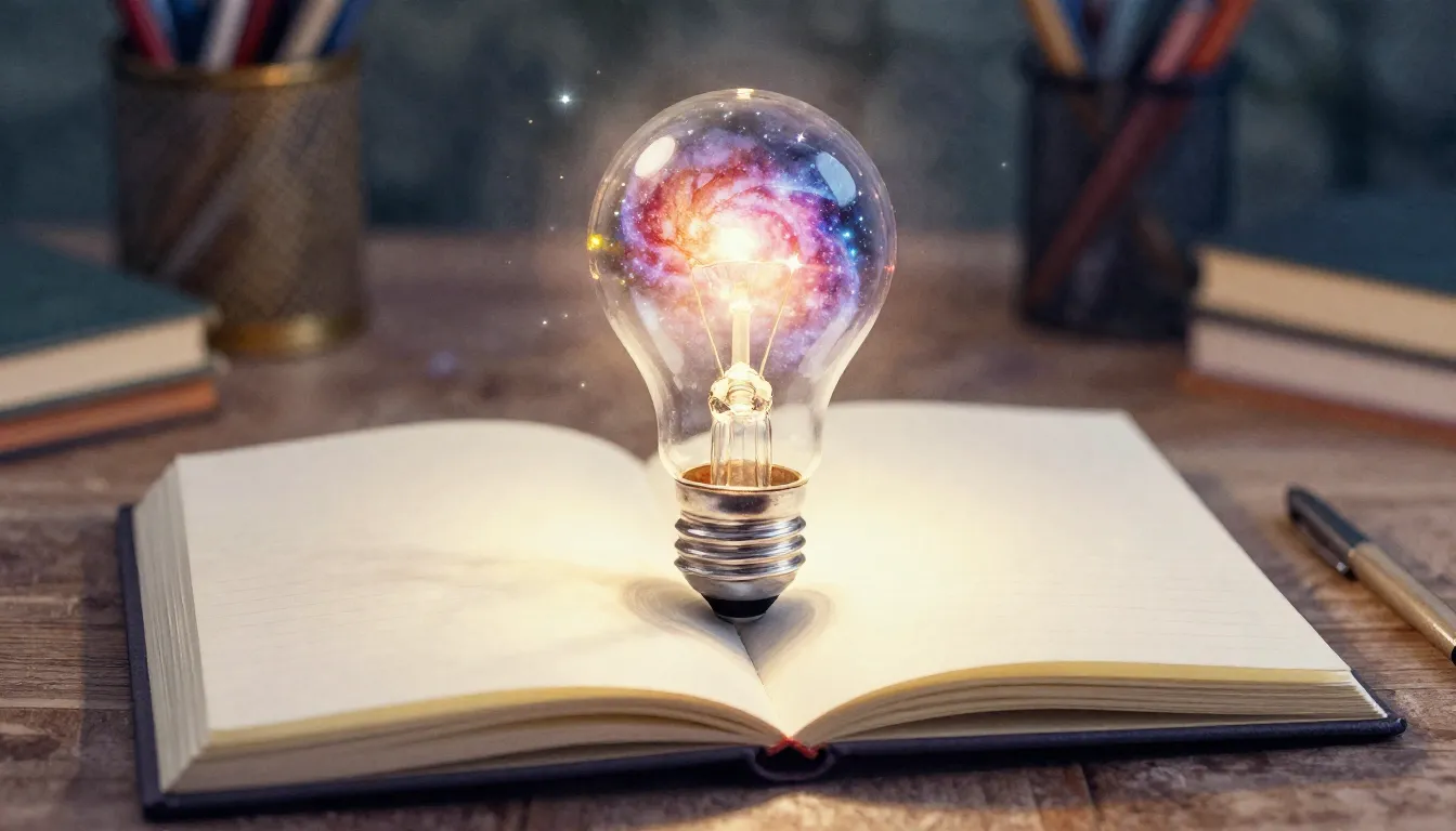 Watercolor style. A glowing light bulb filled with a miniatu...