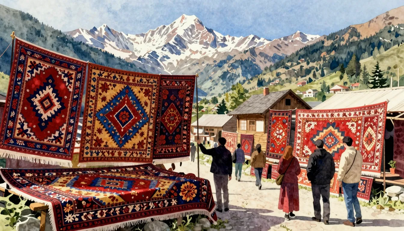 Watercolor style. A vibrant festival scene in a mountain vil...