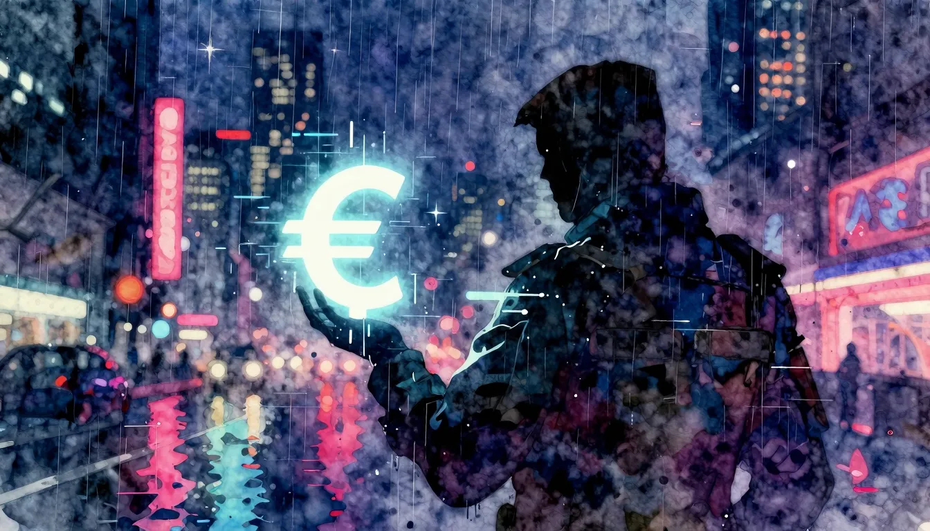 Vibrant watercolor style. Cyberpunk album cover, neon city a...