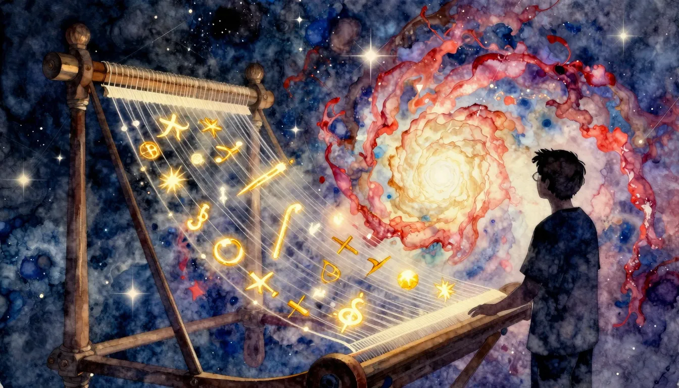 Watercolor style. A cosmic loom weaving glowing threads of l...