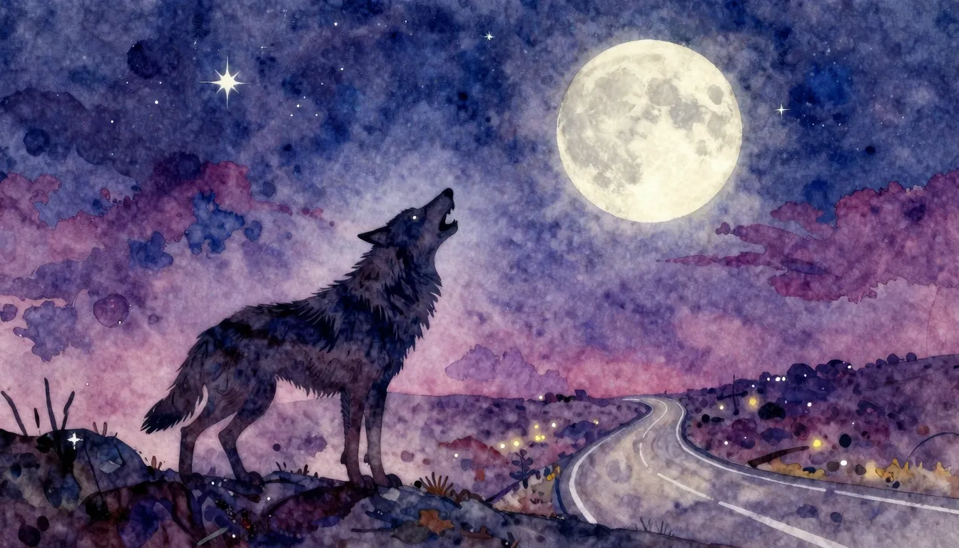Vibrant watercolor style. Rock album cover: A lone wolf silh...