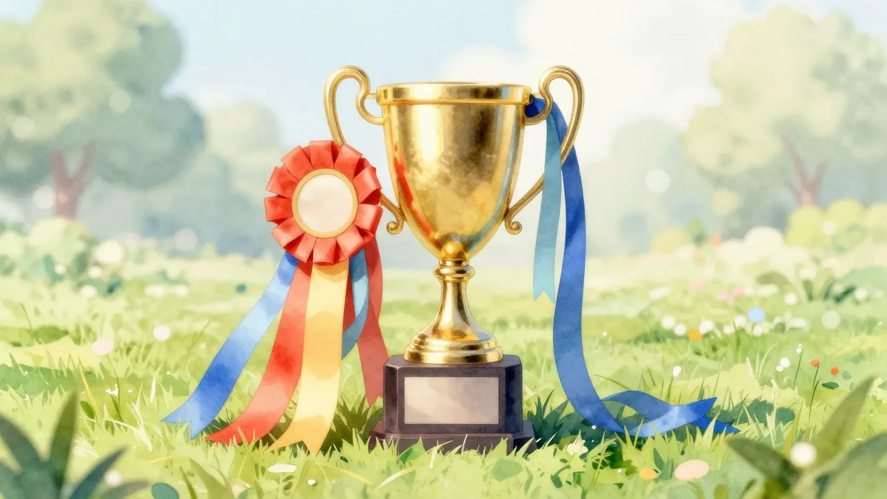 Watercolor style. A shiny gold trophy cup and colorful award...