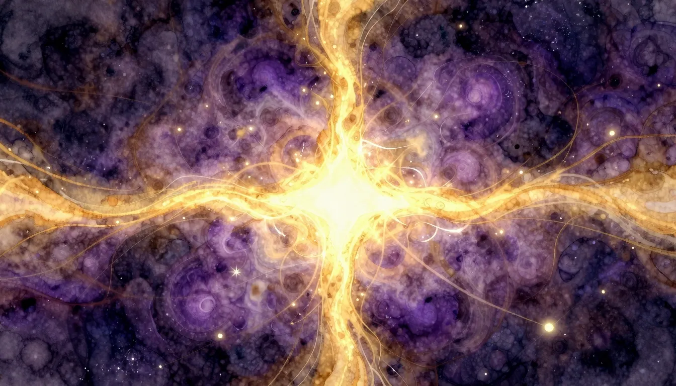Watercolor style. Aerial view of a crossroad, glowing energy...