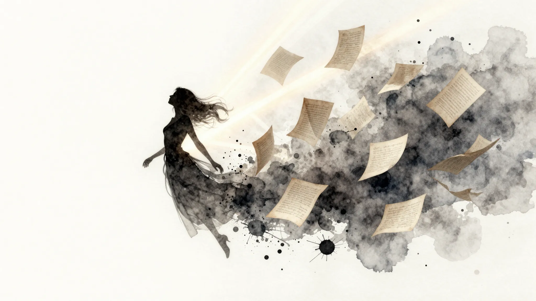 Watercolor style. A dark silhouette of a woman dissolving in...