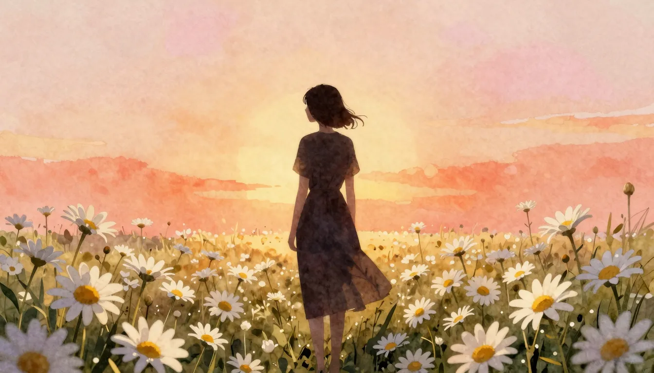 Watercolor style. A dark silhouette of a woman standing in a...