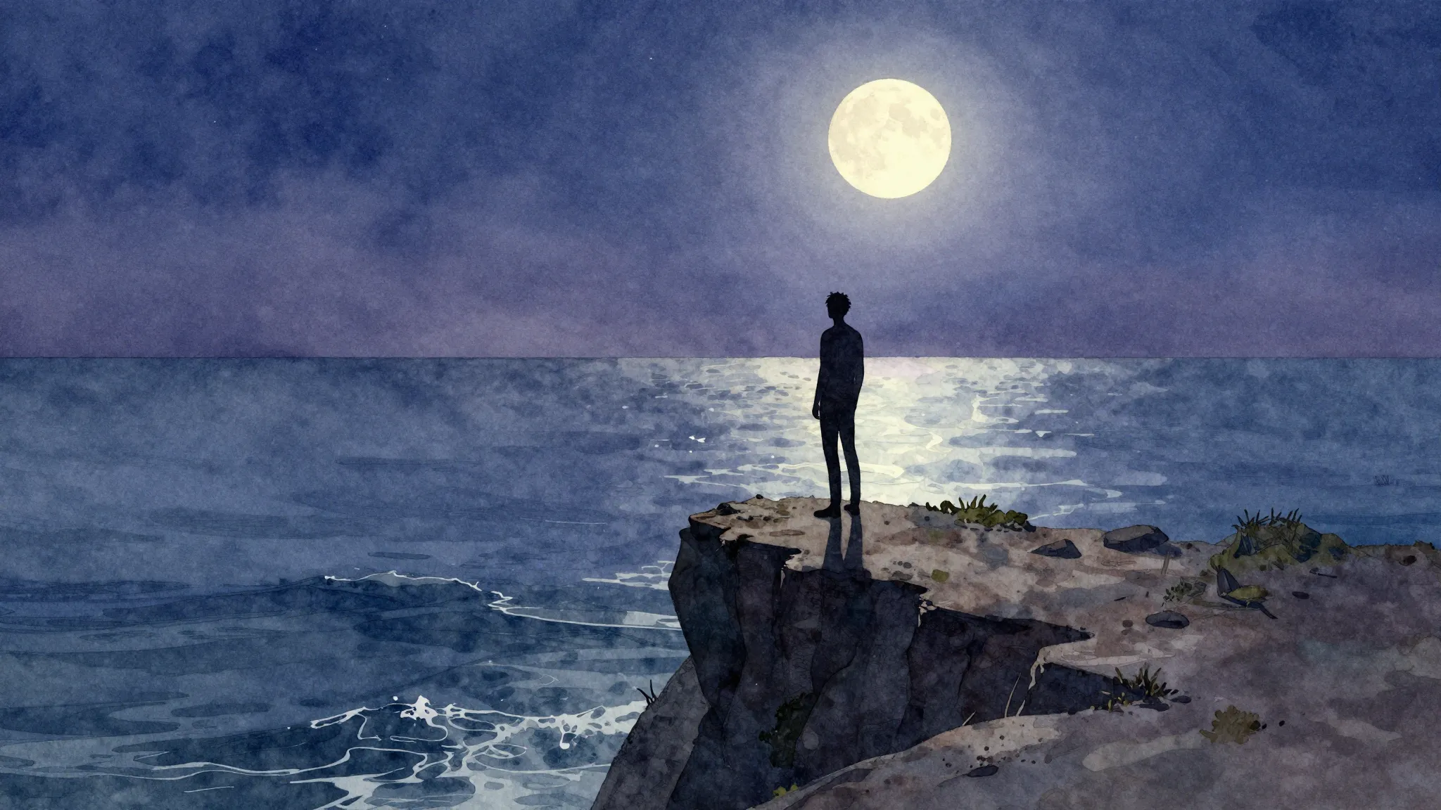 Watercolor style. A solitary silhouette standing on a cliff ...