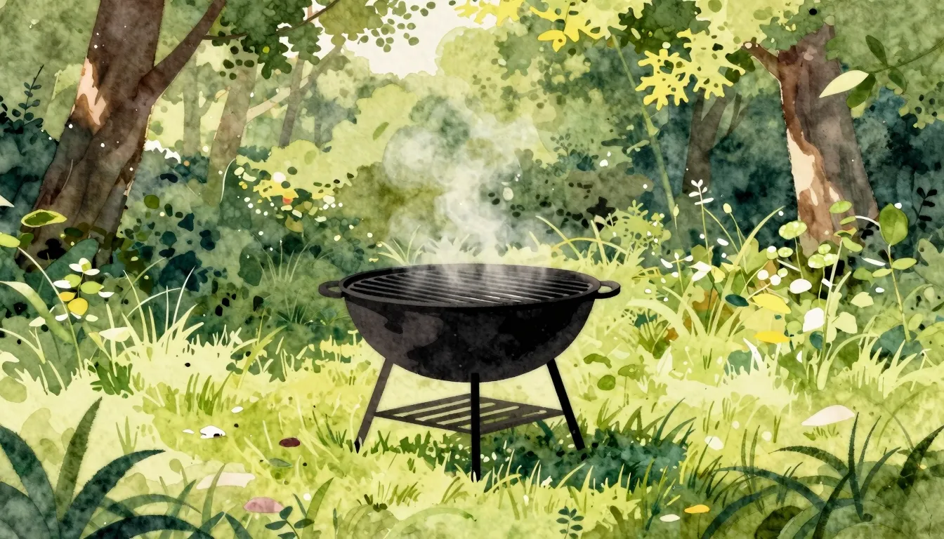 Watercolor style. Silhouette of a modern metal grill in a su...