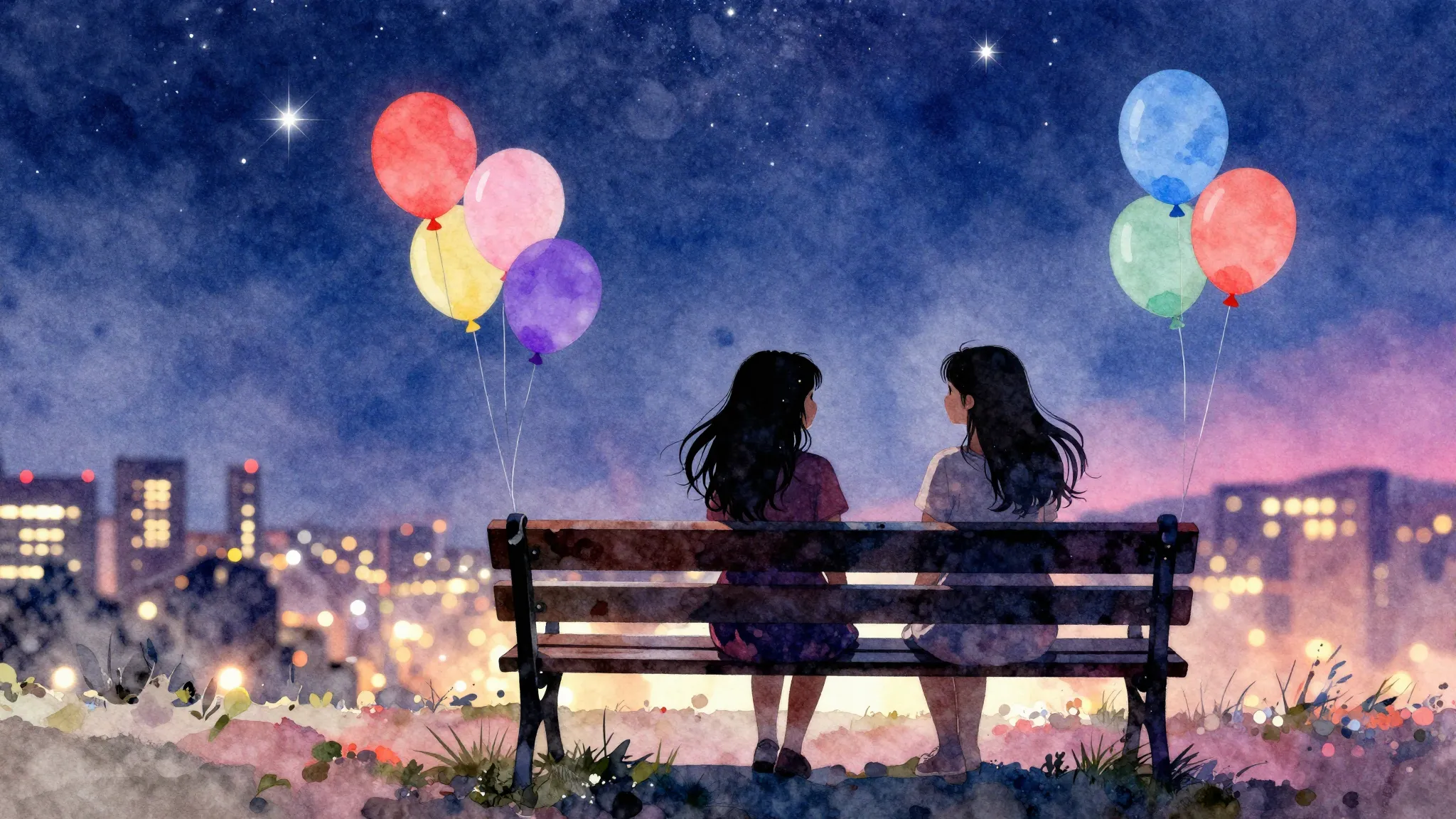 Watercolor style. A silhouette of two girls sitting on a ben...