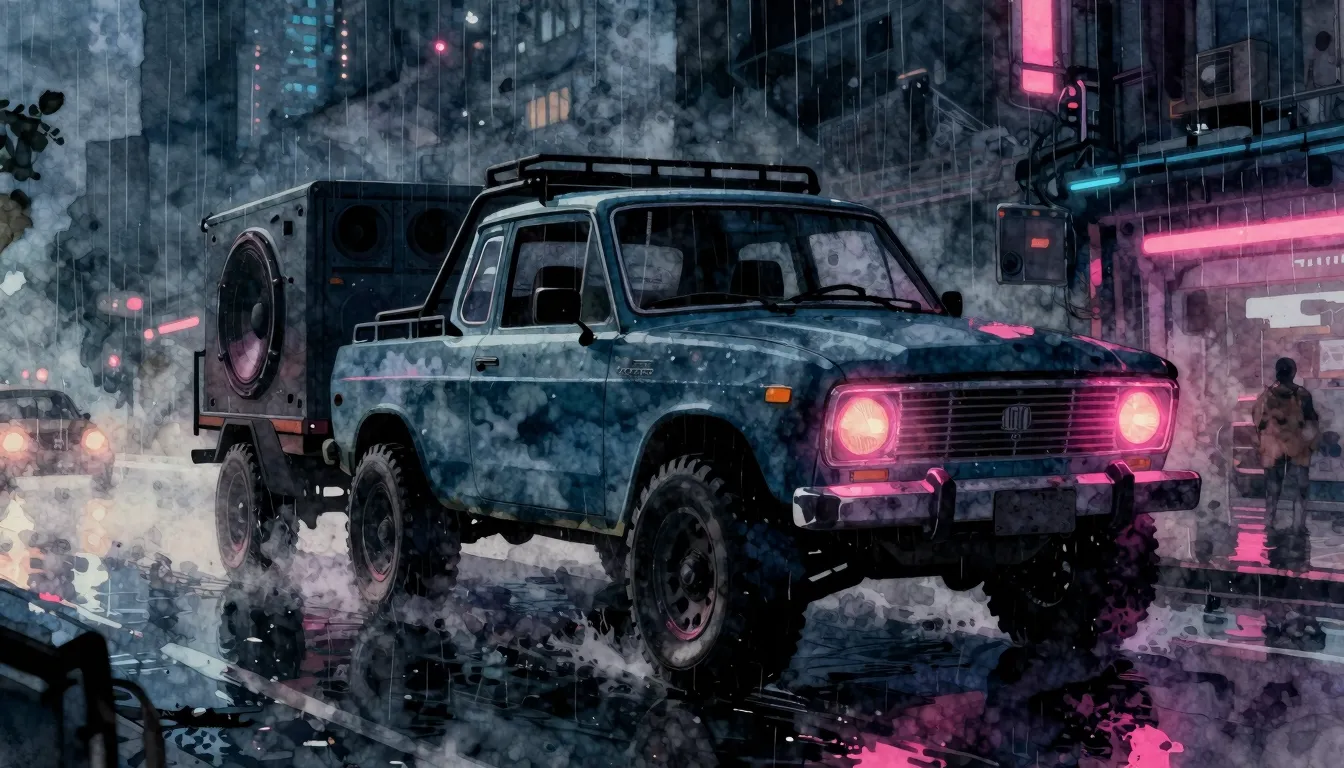 Watercolor style. A silhouette of an old, rugged off-road ca...