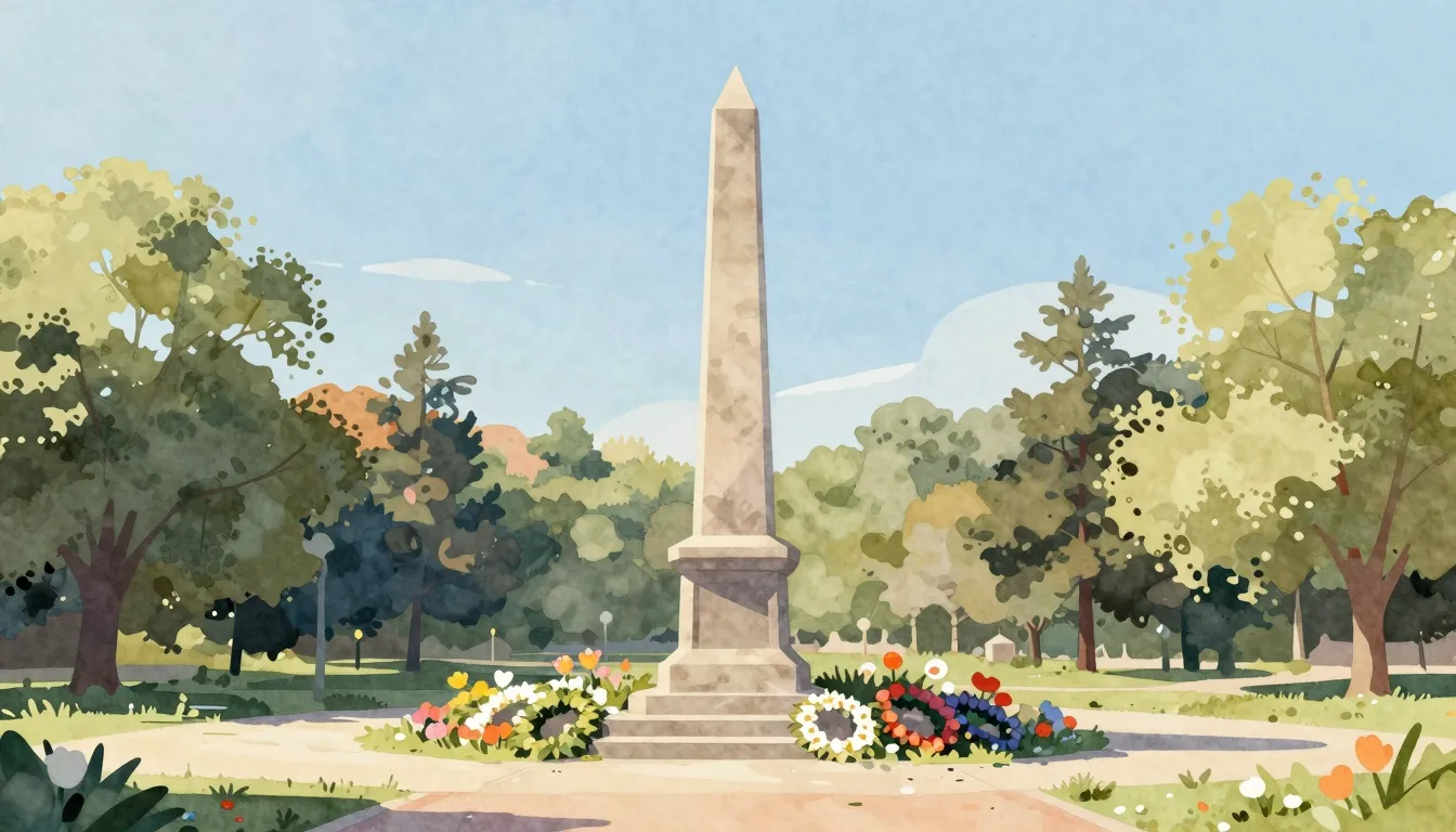 Watercolor style. A peaceful park scene with a tall stone ob...