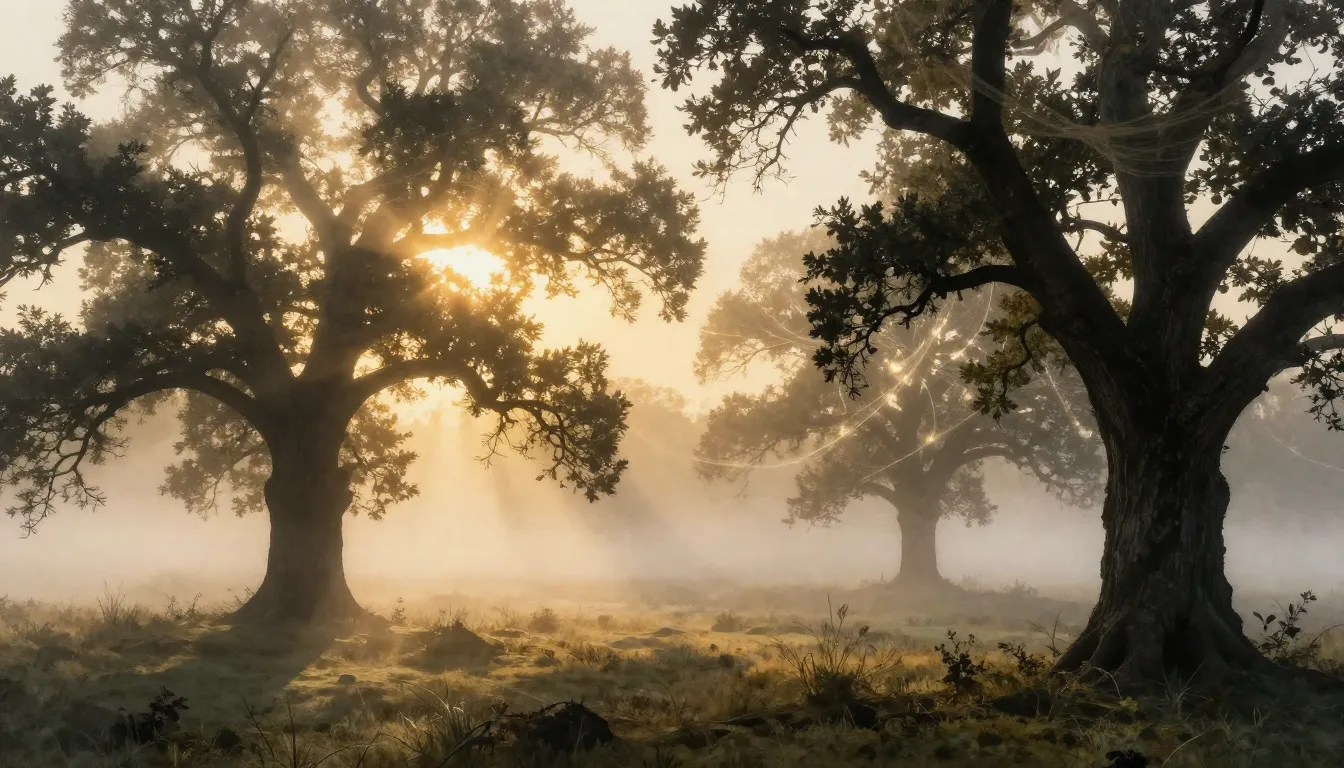 Watercolor style. Silhouettes of ancient oak trees in mornin...