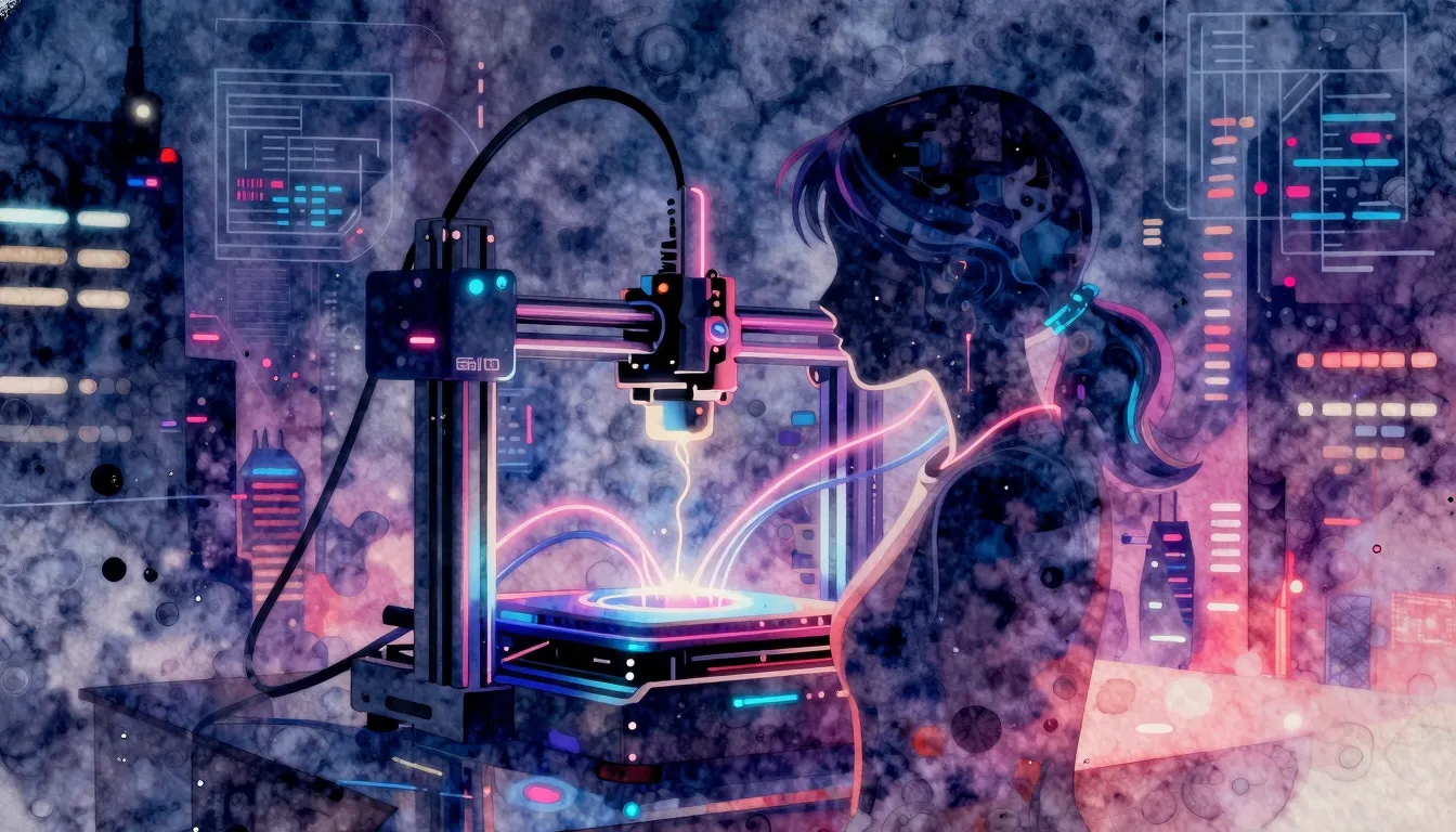 Vibrant watercolor style. Cyberpunk album cover, 3D printer ...