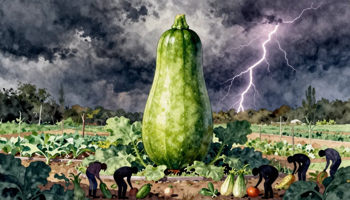 Watercolor style. A giant green zucchini rising like a monol...
