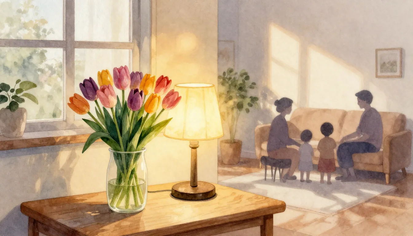 Watercolor style. A cozy living room with a warm glowing lam...