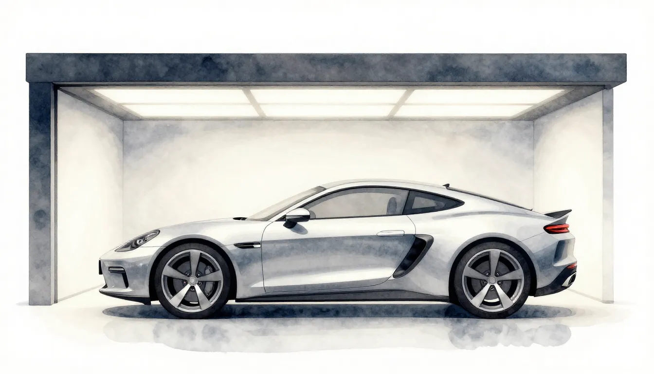 Watercolor style. A modern minimalist garage with a sleek si...