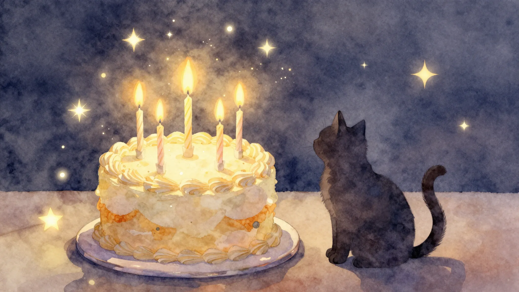 Watercolor style. A beautiful birthday cake with glowing can...