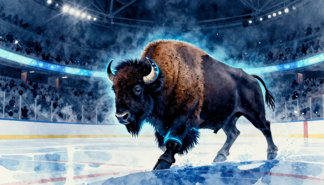 Watercolor style. A silhouette of a powerful bison on ice, g...