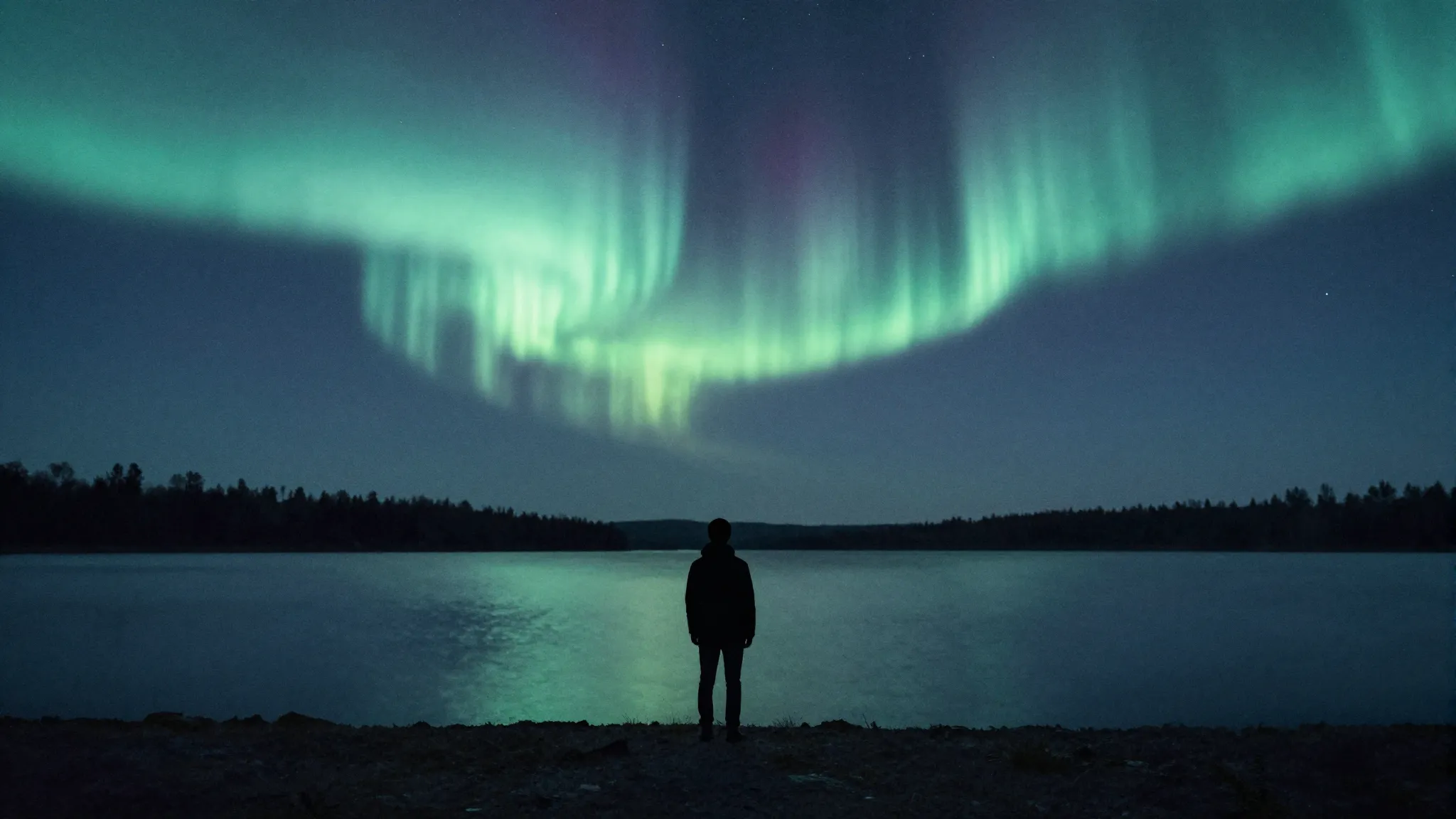 Watercolor style. A lonely silhouette stands in the dark, lo...