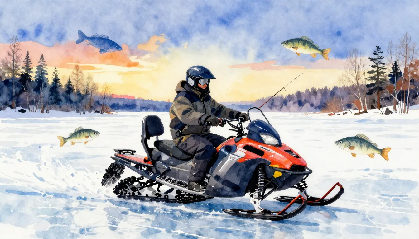 Vibrant watercolor style. Winter fishing adventure, snowmobi...
