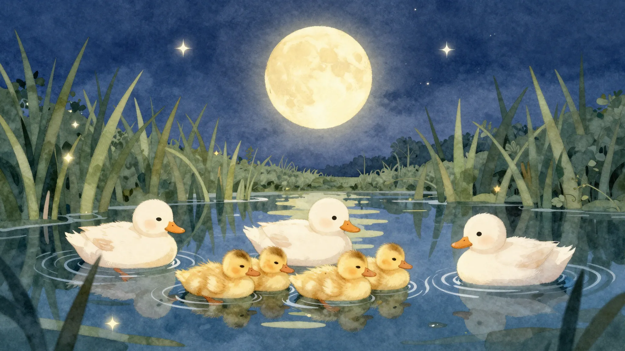 Watercolor style. A peaceful summer evening at a pond. Cute ...