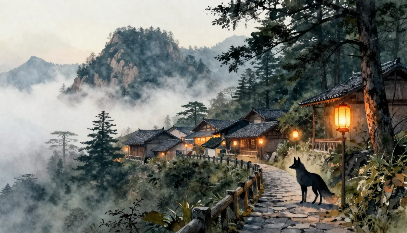 Watercolor style. Mystical mountain village, dense cedar for...