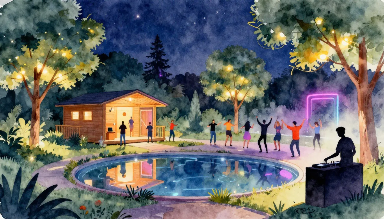 Watercolor style. A vibrant modern park at night with glowin...