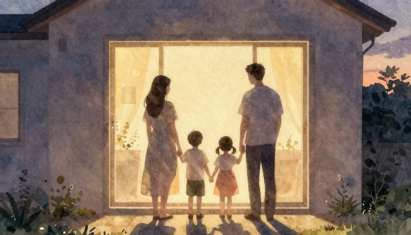 Watercolor style. A warm silhouette of a family standing tog...