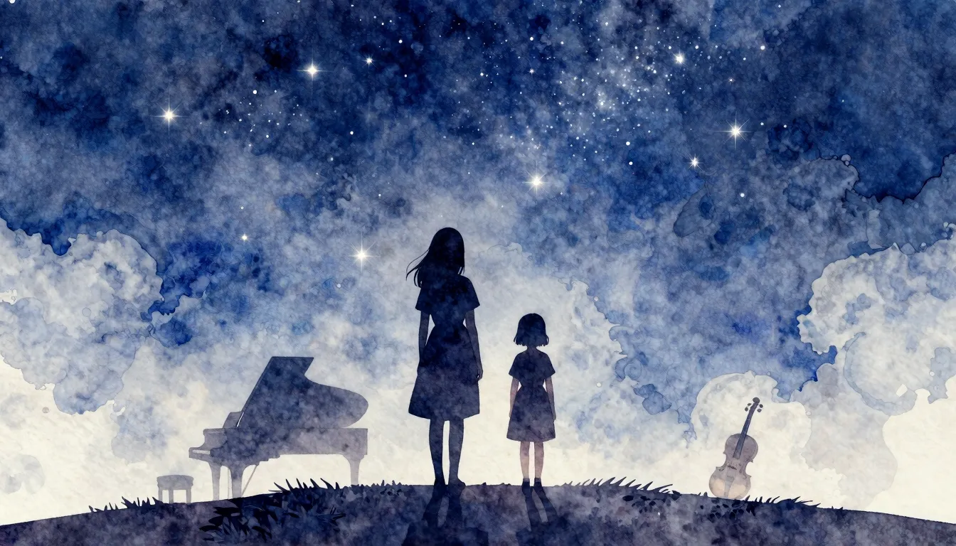 Watercolor style. A silhouette of two sisters standing on a ...