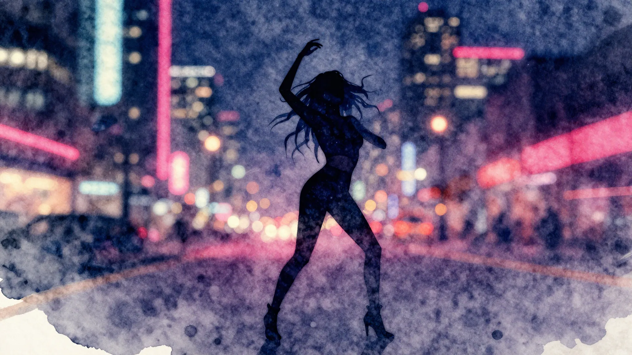 Vibrant watercolor style. "Dance pop album cover. Neon city ...