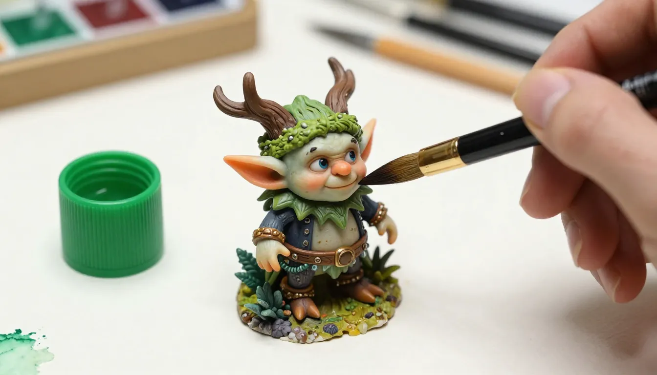 Watercolor style. A close-up of a small plastic fantasy mini...
