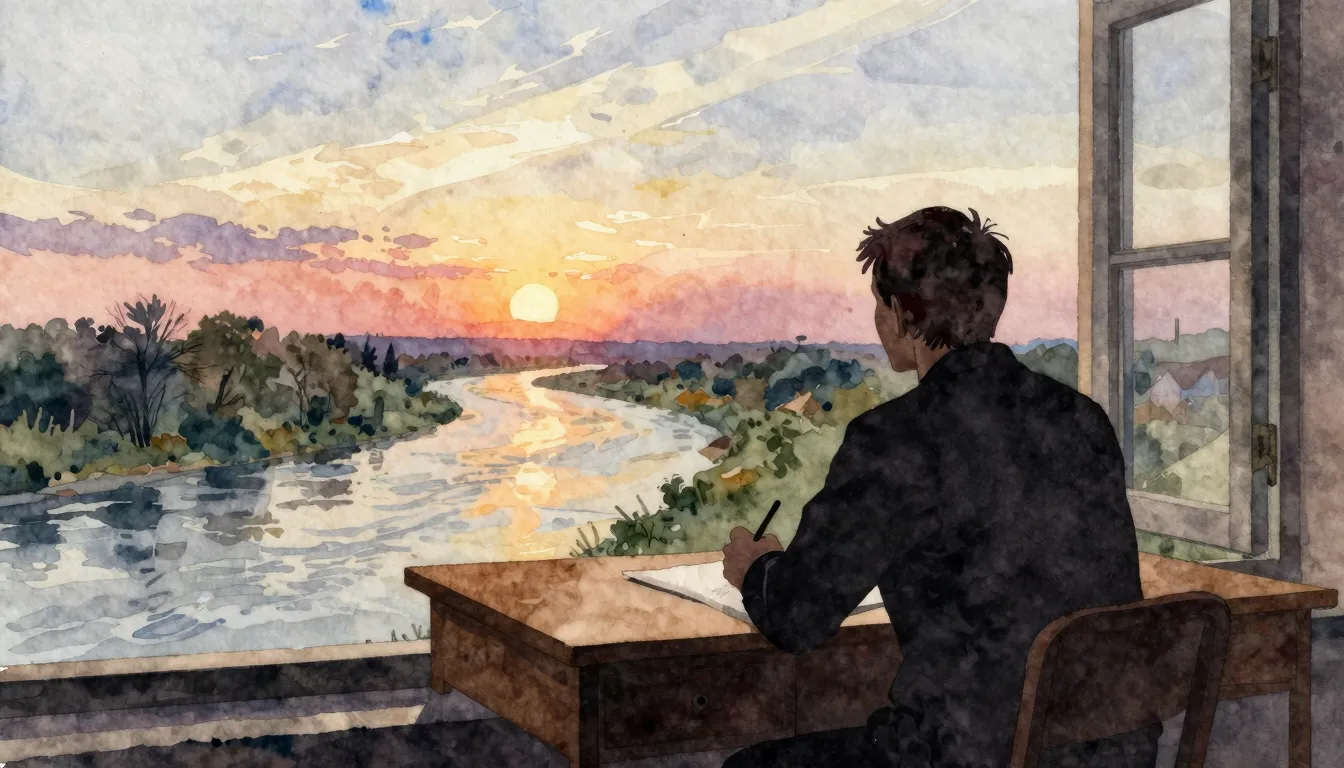 Watercolor style. A silhouette of a writer sitting at a desk...
