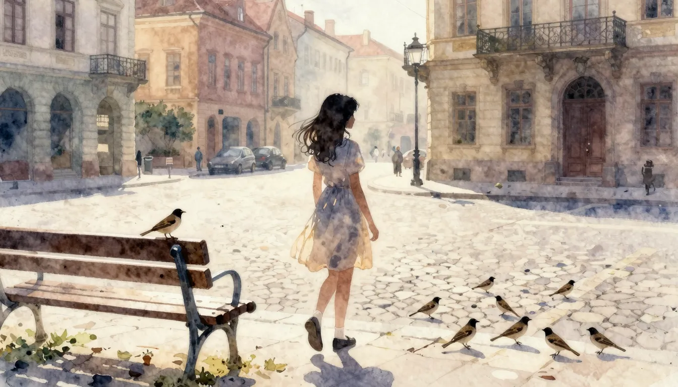 Watercolor style. A silhouette of a girl in a light dress wa...