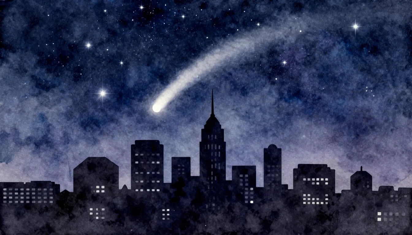 Watercolor style. Silhouette of a comet streaking across a s...