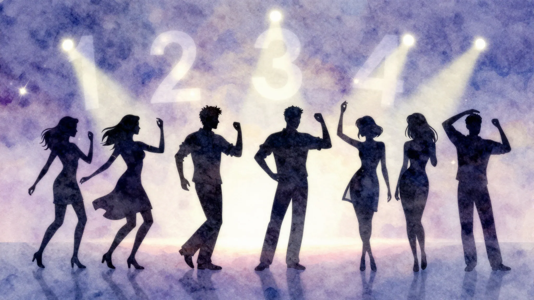 Watercolor style. Silhouettes of 4 men dancing and 4 female ...