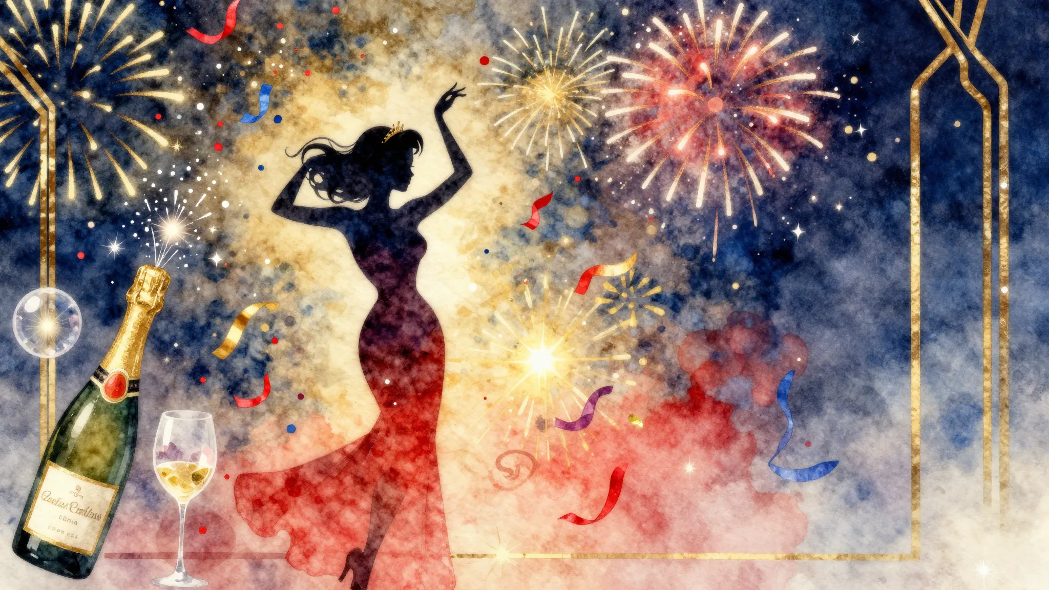 Vibrant watercolor style. Retro-cabaret birthday celebration...