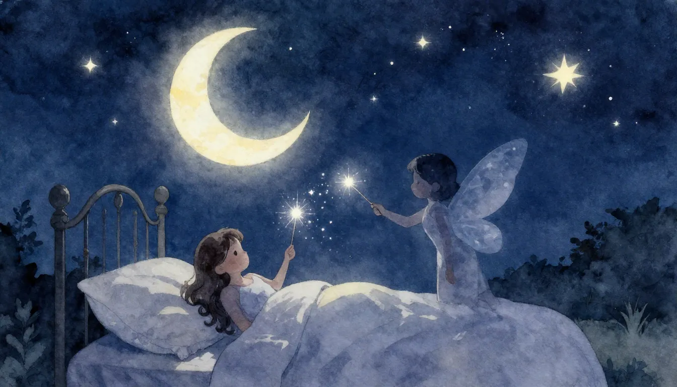 Watercolor style. A serene night sky with a crescent moon, g...