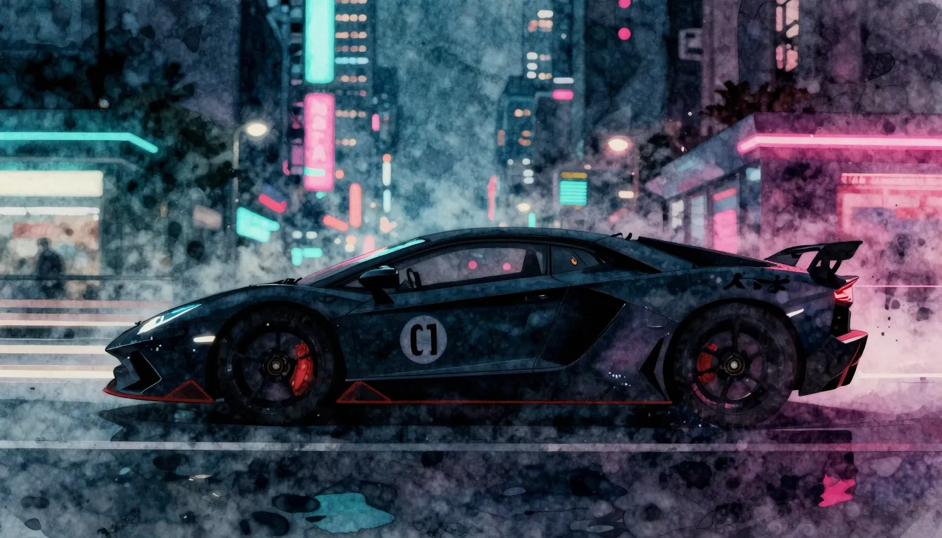 Watercolor style. Silhouette of a luxury sports car with num...