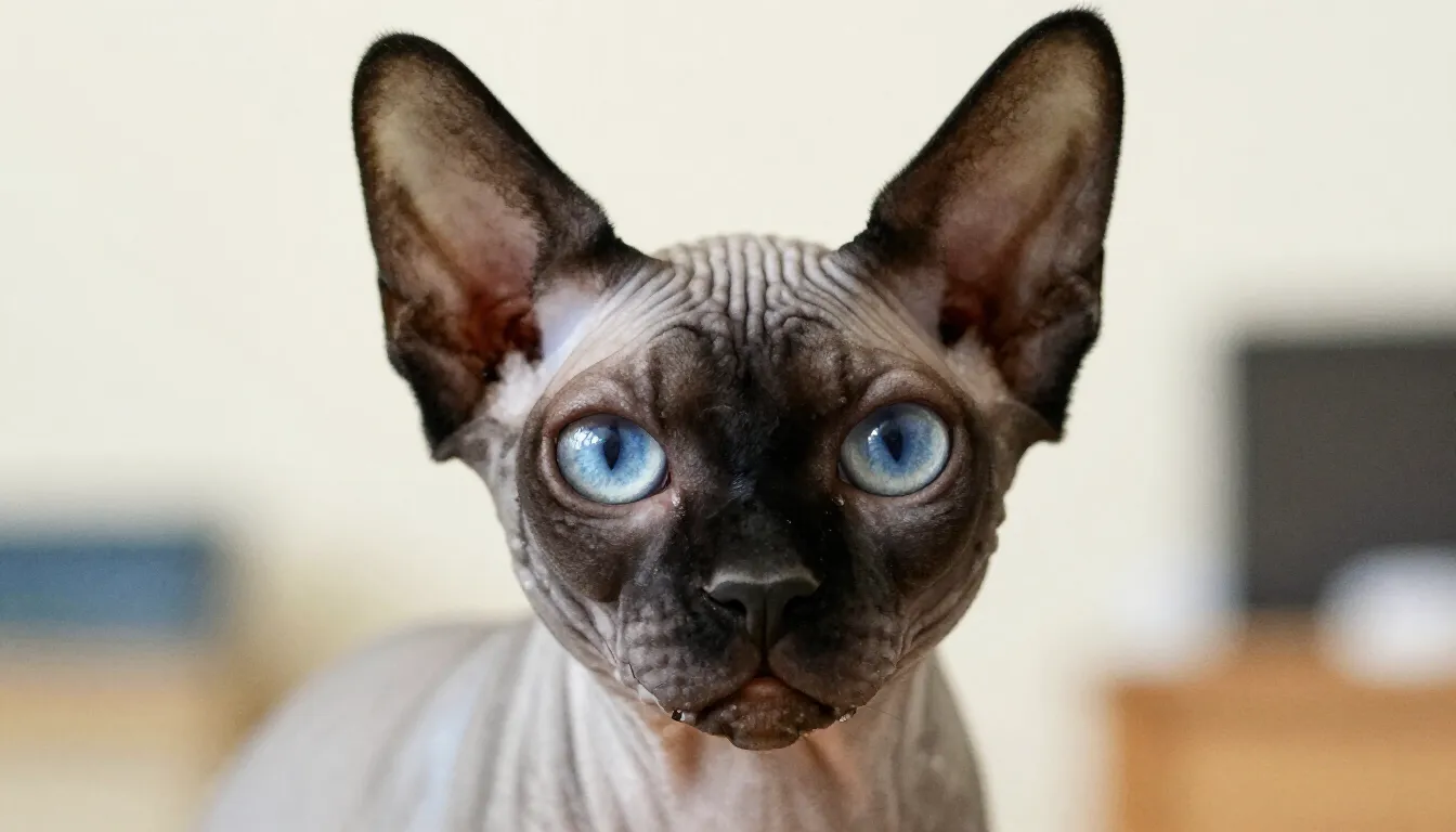 Watercolor style. Close-up portrait of a black Sphynx cat, i...