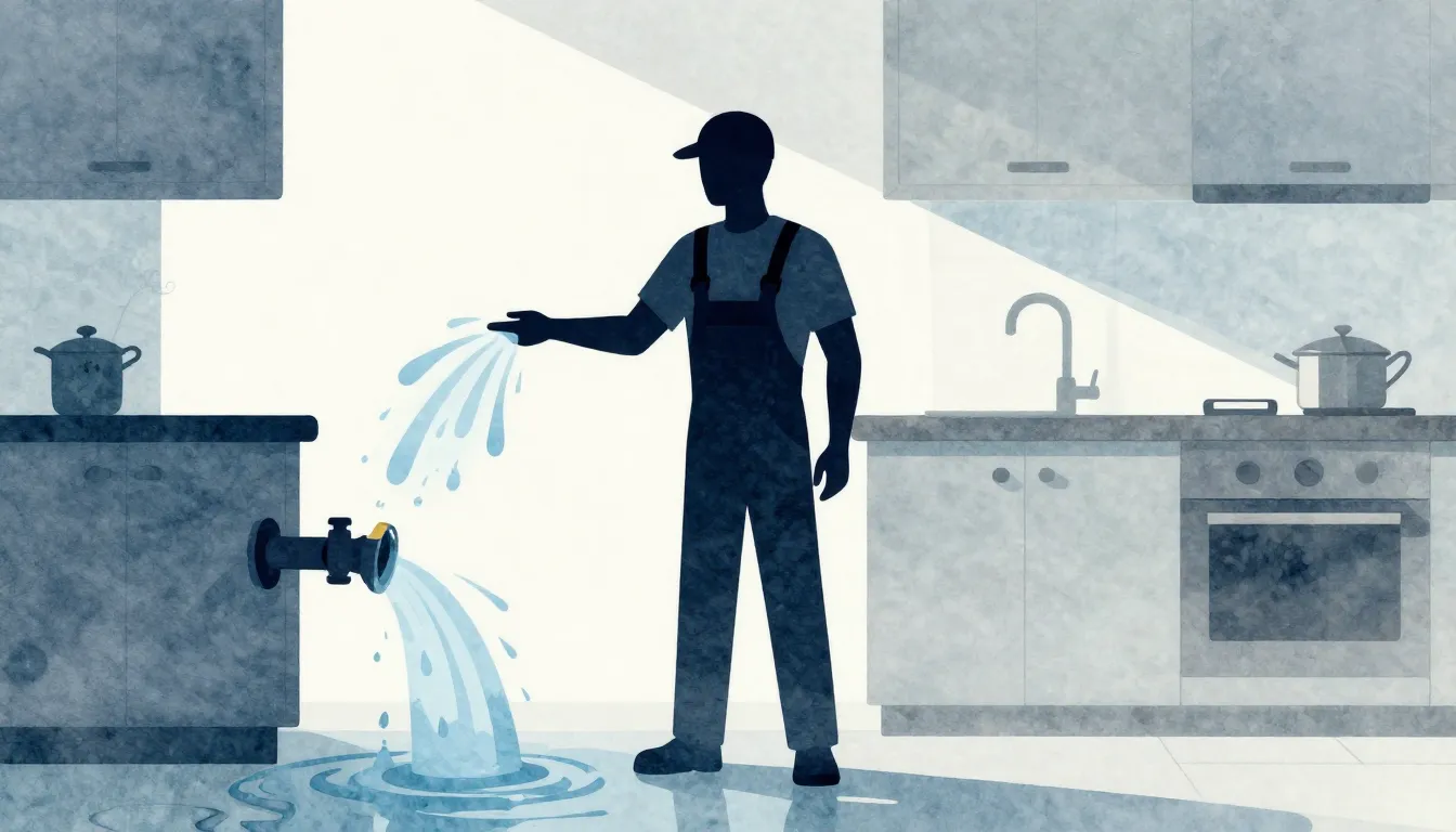 Watercolor style. Silhouette of a plumber standing in a floo...