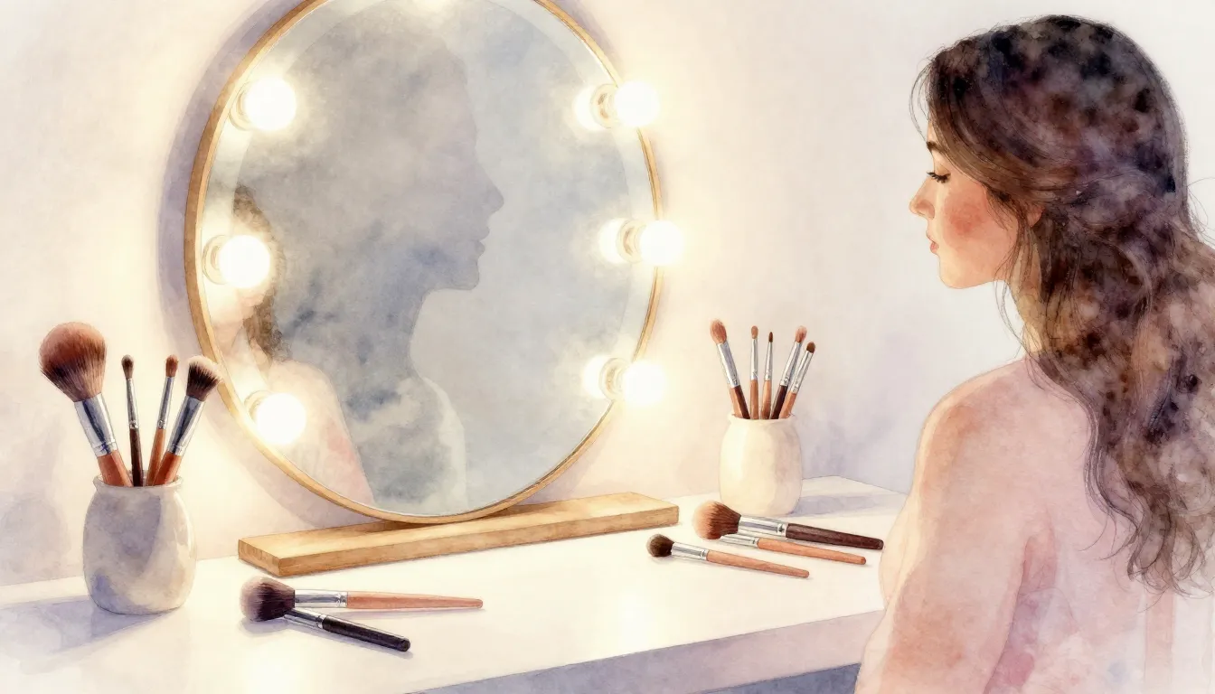 Watercolor style. Aesthetic beauty workspace with makeup bru...