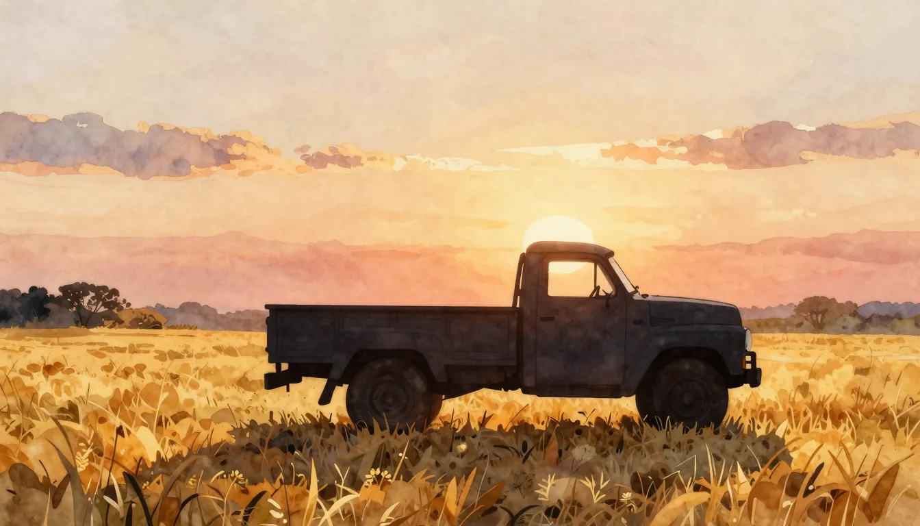 Watercolor style. A silhouette of an old small truck driving...