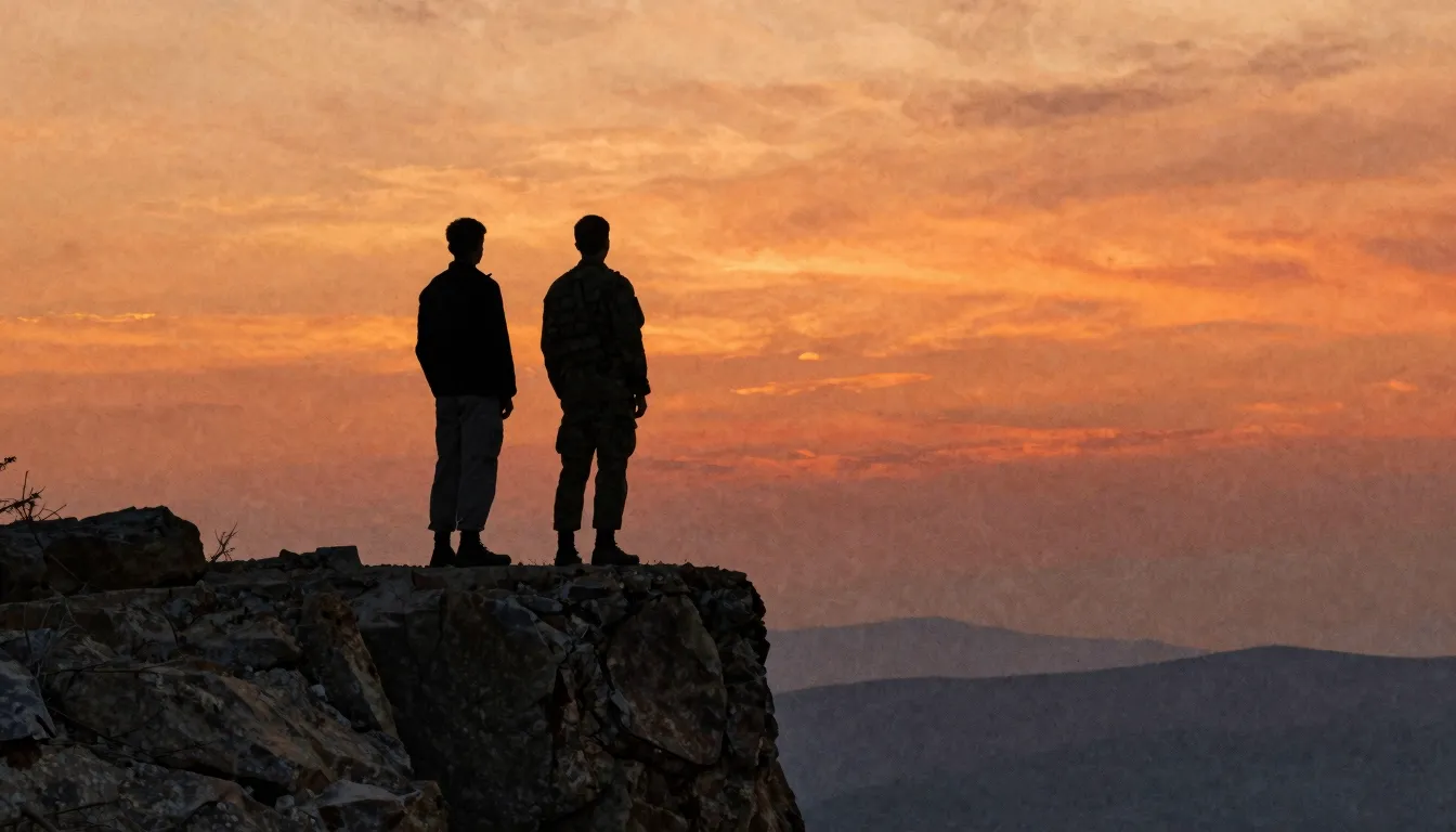 Watercolor style. Two dark silhouettes of friends standing o...