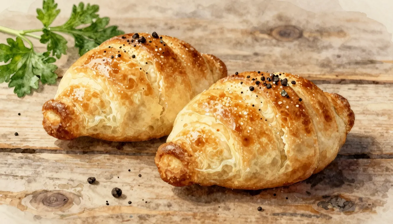 Watercolor style. Two hot golden-brown chebureks on a rustic...