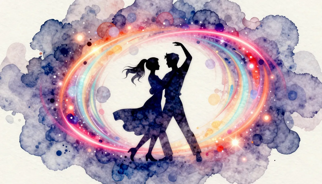 Watercolor style. Silhouettes of figures dancing in a swirl ...
