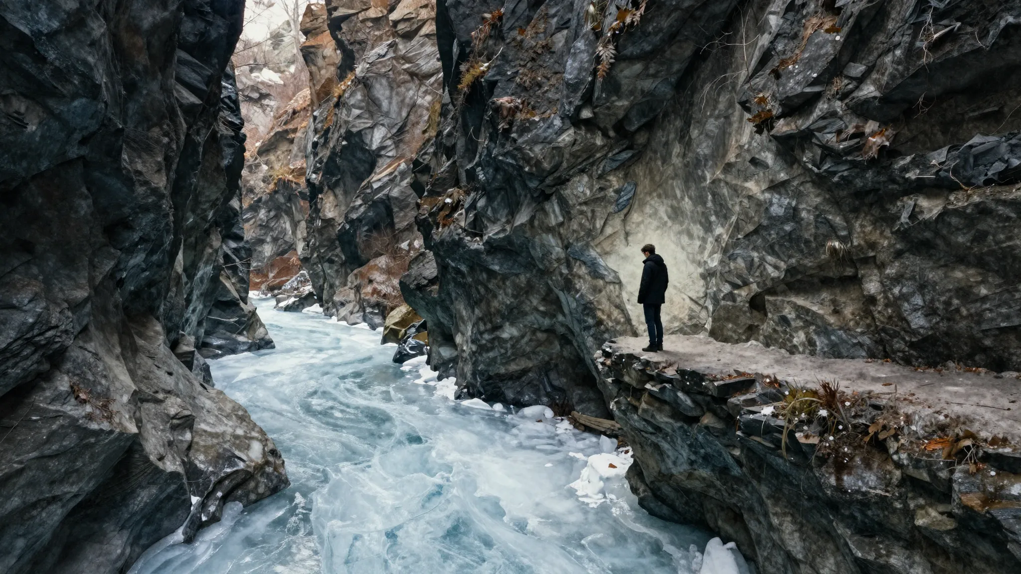 Watercolor style. A dark winter gorge with a frozen river at...