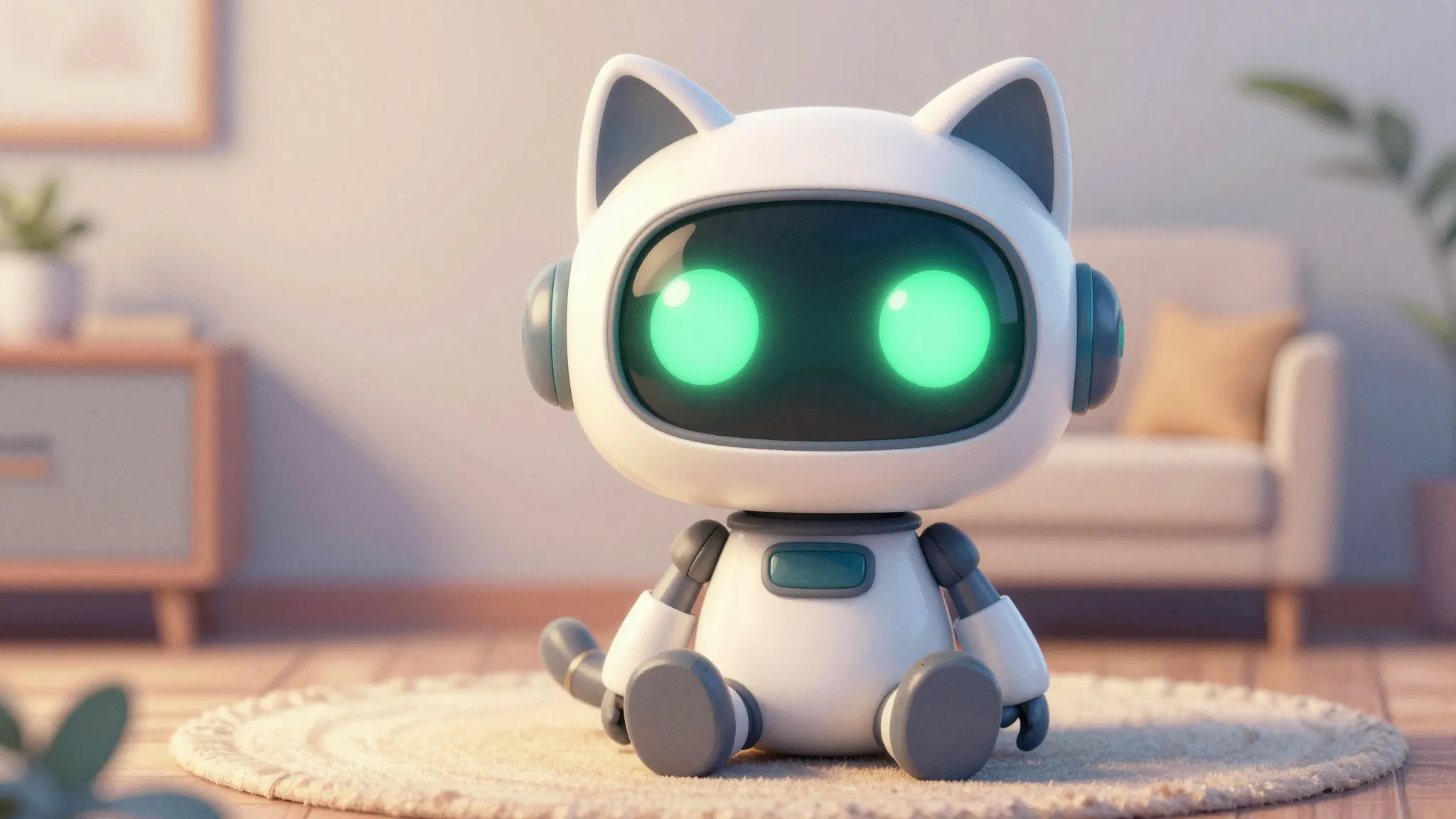 Watercolor style. A cute stylized robot with large, glowing ...