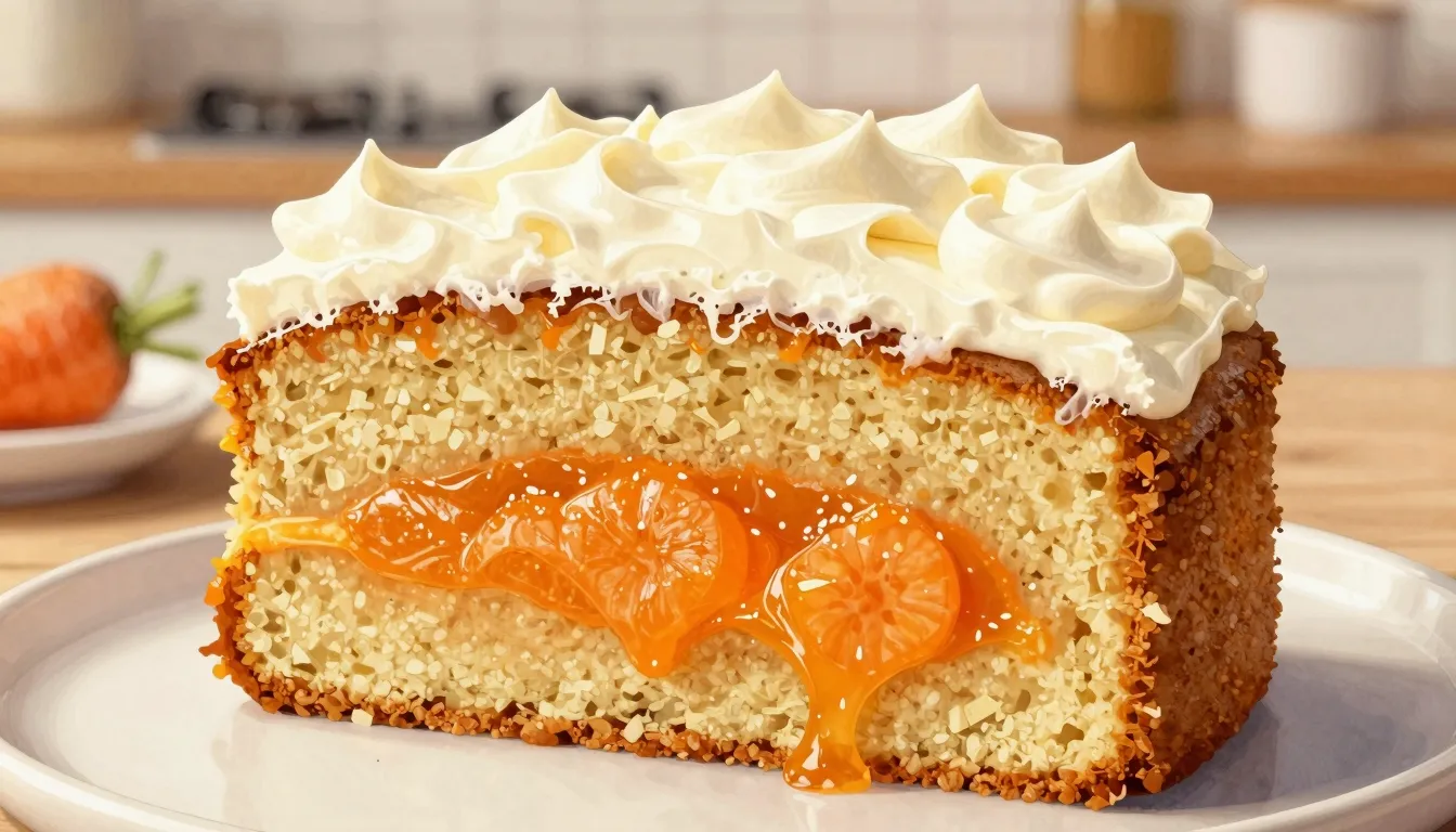 Watercolor style. Close-up of a sliced carrot cake showing a...