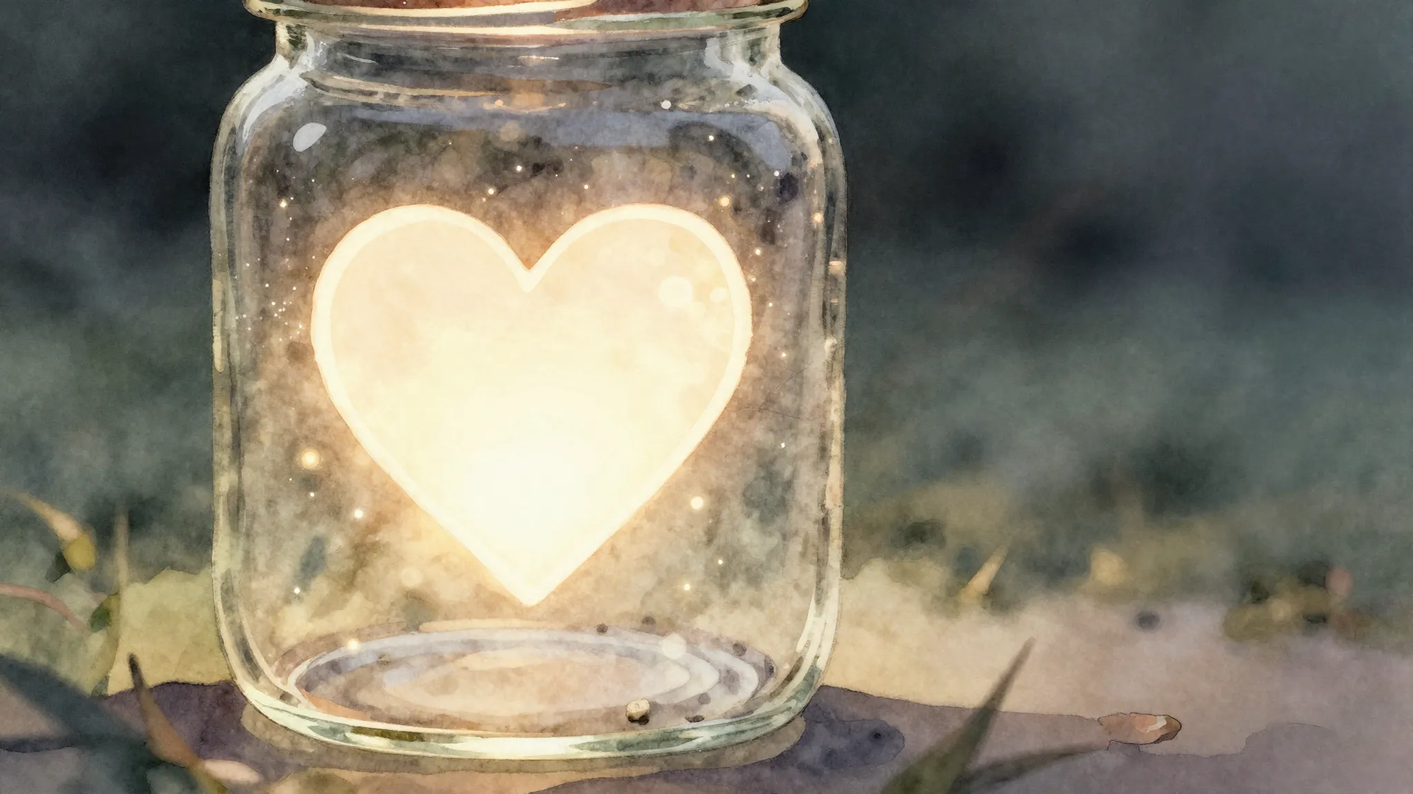 Watercolor style. A glowing heart silhouette inside a glass ...